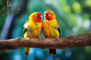 Obraz premium A pair of lovebirds are perched on a tree branch. Generative AI