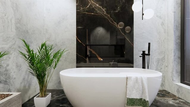 Modern bathroom design in a modern home. 3D video.