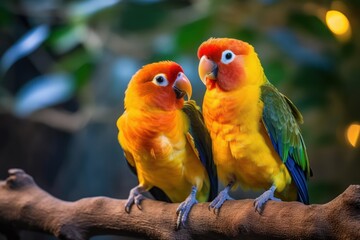 A pair of lovebirds are perched on a tree branch. Generative AI