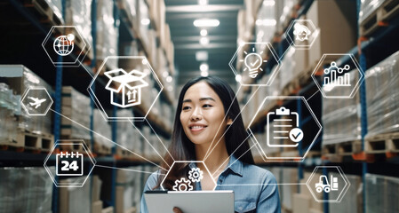 Empowering Asian Small Business: Young Entrepreneur's Smart Tablet Inventory Management in Interconnected Industry. Logistic management concept.