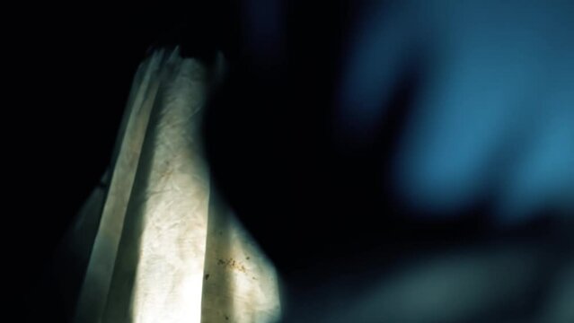A man with a wooden stick in his hand encounters a white ghost in the late hours of the night, mystery horror, and darkness. Film-like footage in HD. Man and ghost face to face.
