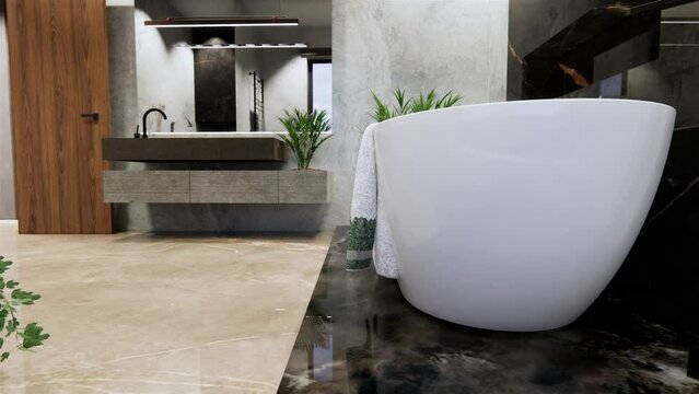 Modern bathroom design in a modern home. 3D video.