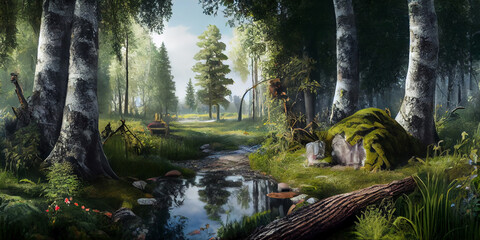 A beautiful landscape image of a forest stream and dense summer deciduous forest. Generative AI