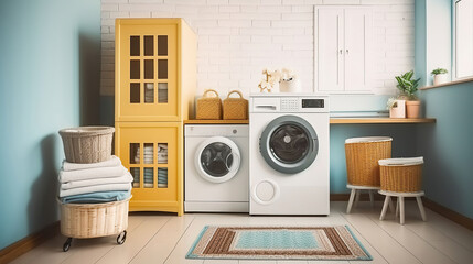 Laundry room with loaded washing machine, detergent bottles and textile. Generative AI