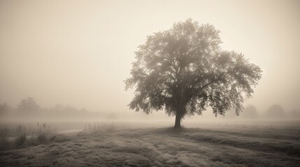  a lone tree in a field on a foggy day.  generative ai