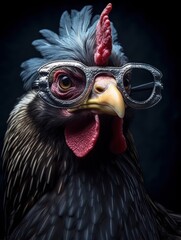 A real chicken cool with black sunglasses. Generative AI