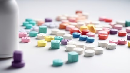  many pills are scattered around a bottle of pills on a table.  generative ai