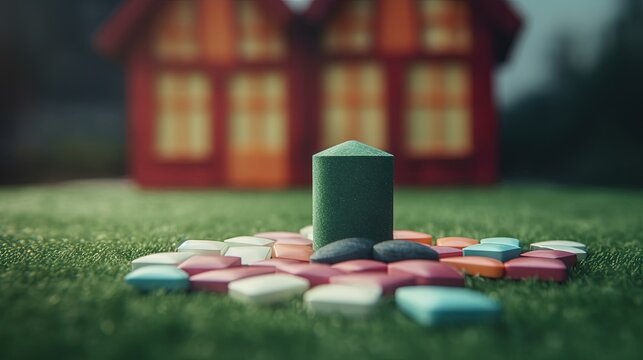  a house and a green block on a lawn with a lot of small rocks.  generative ai