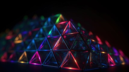  a triangle shaped object is lit up with colored lights on a black background.  generative ai