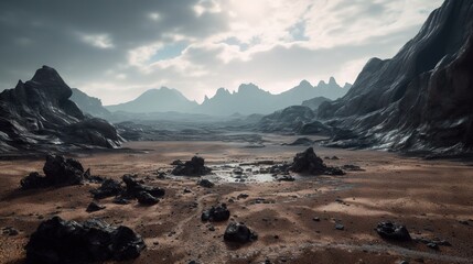 a rocky landscape with a stream running through the middle of it.  generative ai