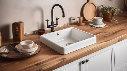 Fototapeta na wymiar Wooden counter with ceramic sink in kitchen. Generative AI