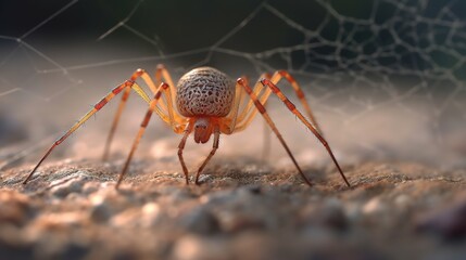  a close up of a spider on a rock with a web.  generative ai