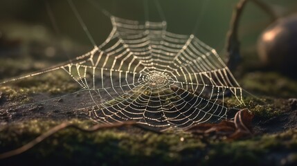  a spider web is sitting on the ground next to a tea kettle.  generative ai