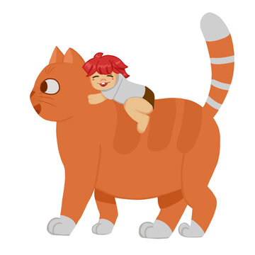 international cait day ,cartoon,Illustrations of Happy redhead girl on behind the cat