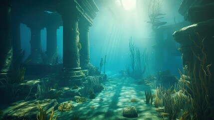  an underwater scene of a deep blue sea with seaweed and rocks.  generative ai