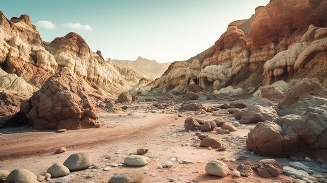  a dirt road surrounded by rocky mountains and boulders in the desert.  generative ai