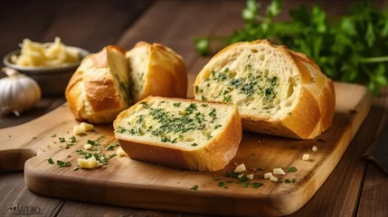 Wall murals Bread Tasty bread with garlic, cheese and herbs on kitchen table. Generative AI
