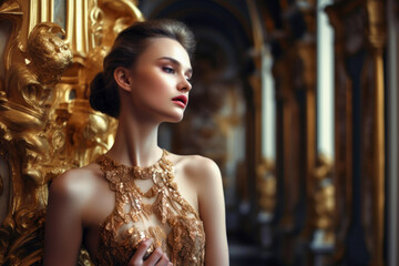 Portrait of a beautiful woman wearing golden ball gown in a baroque palace (Generative AI)