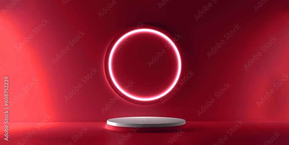 Poster red realistic 3d cylinder stand podium with glowing neon in circle shape. abstract 3d rendering rend
