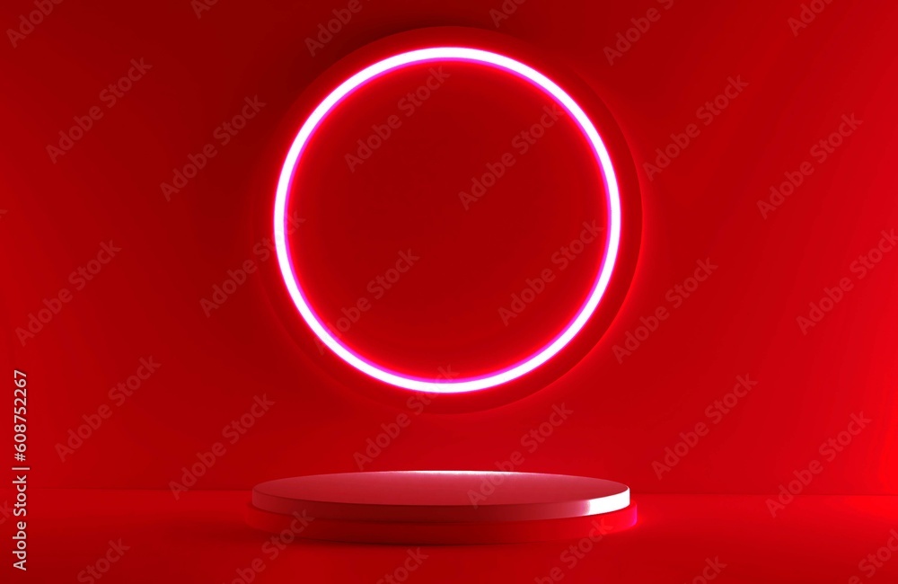 Poster red realistic 3d cylinder stand podium with glowing neon in circle shape. abstract 3d rendering rend