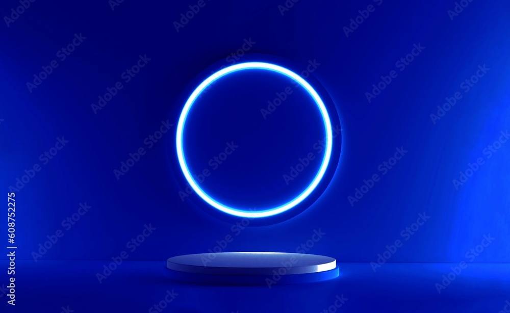 Poster blue realistic 3d cylinder stand podium with glowing neon in circle shape. abstract 3d rendering ren