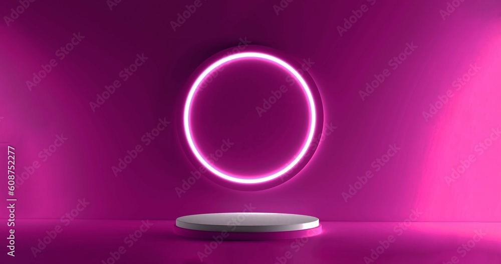 Poster pink realistic 3d cylinder stand podium with glowing neon in circle shape. abstract 3d rendering ren