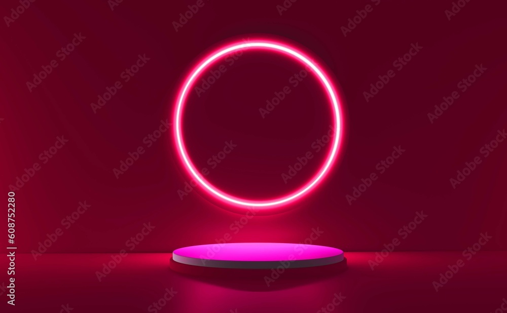 Poster red realistic 3d cylinder stand podium with glowing neon in circle shape. abstract 3d rendering rend