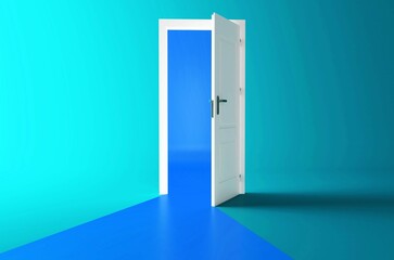 Open the door. Symbol of new career, opportunities, business ventures and initiative. Business concept. 3d render, blue light inside open door isolated on turquoise background. Modern minimal concept.