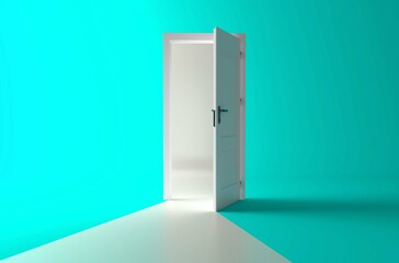Open the door. Symbol of new career, opportunities,business ventures and initiative. Business concept. 3d render, white light inside open door isolated on turquoise background. Modern minimal concept.