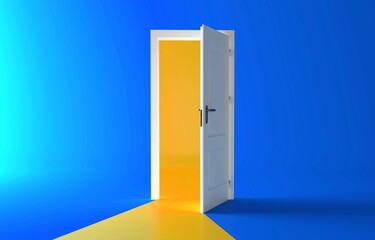 Open the door. Symbol of new career, opportunities, business ventures and initiative. Business concept. 3d render, yellow light inside open door isolated on blue background. Modern minimal concept.