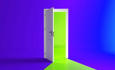 Open the door. Symbol of new career, opportunities, business ventures and initiative. Business concept. 3d render, green light inside open door isolated on purple background. Modern minimal concept.