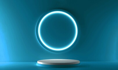 Blue realistic 3d cylinder stand podium with glowing white neon in circle shape. Abstract 3D Rendering geometric forms. Minimal scene. Stage showcase, Mockup product display.