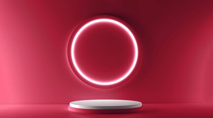 Red realistic 3d cylinder stand podium with glowing white neon in circle shape. Abstract 3D Rendering rendering geometric forms. Minimal scene. Stage showcase, Mockup product display.