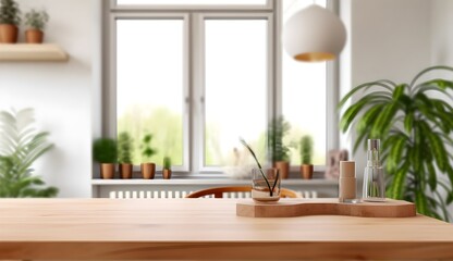 empty wood table beauty product product display montage with blurred wooden living room interior, generative ai generated