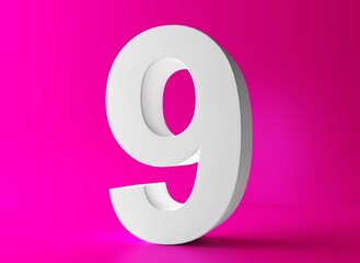 Number 9 in white on light pink background, nine isolated number 3d rendering.