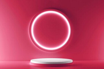 Red realistic 3d cylinder stand podium with glowing neon in circle shape. Abstract 3D Rendering rendering geometric forms. Minimal scene. Stage showcase, Mockup product display.
