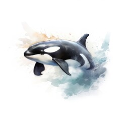  a Horizontal format Orca / Killer Whale doing coming out of the water, side view, Aquatic-themed,  photorealistic illustrations in JPG. Generative AI