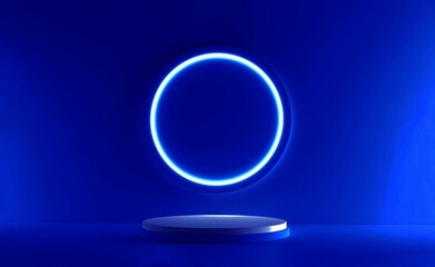 Blue realistic 3d cylinder stand podium with glowing neon in circle shape. Abstract 3D Rendering rendering geometric forms. Minimal scene. Stage showcase, Mockup product display.