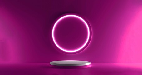 Pink realistic 3d cylinder stand podium with glowing neon in circle shape. Abstract 3D Rendering rendering geometric forms. Minimal scene. Stage showcase, Mockup product display.