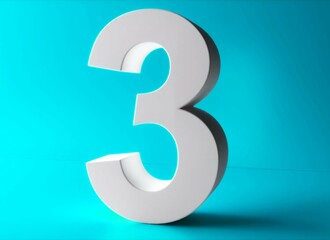 Number 3 in white on light blue background, three number isolated 3d rendering.
