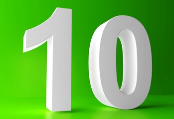 Number 10 in white on light green background, isolated number 3d rendering.