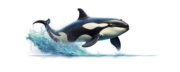 Obraz na płótnie Canvas a Horizontal format Orca / Killer Whale doing coming out of the water, side view, Aquatic-themed, photorealistic illustrations in JPG. Generative AI