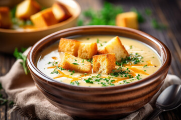 Pumpkin cream soup with croutons and spicy herbs, AI Generated