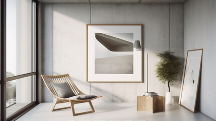 Highly detailed photography of a minimal interior with a picture frame mockup. Generative AI