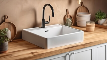 Fototapeta na wymiar Ceramic Sink Resting on a Wooden Counter in a Kitchen Oasis. Generative AI