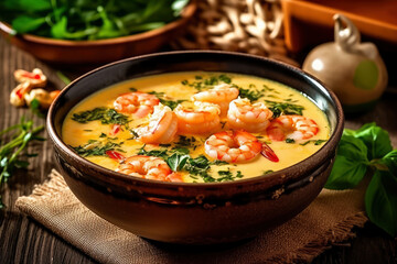 Pumpkin cream soup with shrimp and spicy herbs, AI Generated