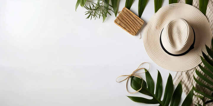 Summer composition with straw hat, vacation elements. Fashion, beauty mockup. Summertime. Resort, wellness weekend concept. Banner, template. Top view, flatlay. Generative ai 
