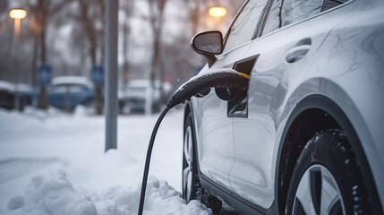 Fototapeta premium Vehicle, power and green energy concept - close up of electric car charging battery in winter. Generative AI