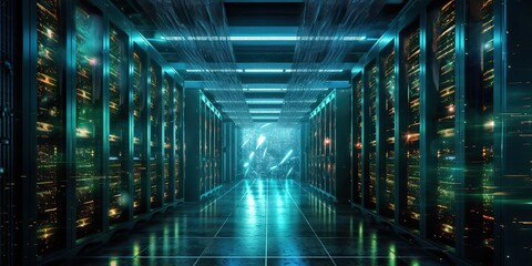 Fototapeta premium AI Generated. AI Generative. Photo illustration of data bitcoin storage pc server room. Graphic Art
