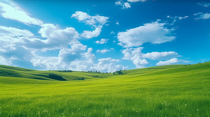 Obraz premium Green grass field on small hills and blue sky with clouds, Generative AI